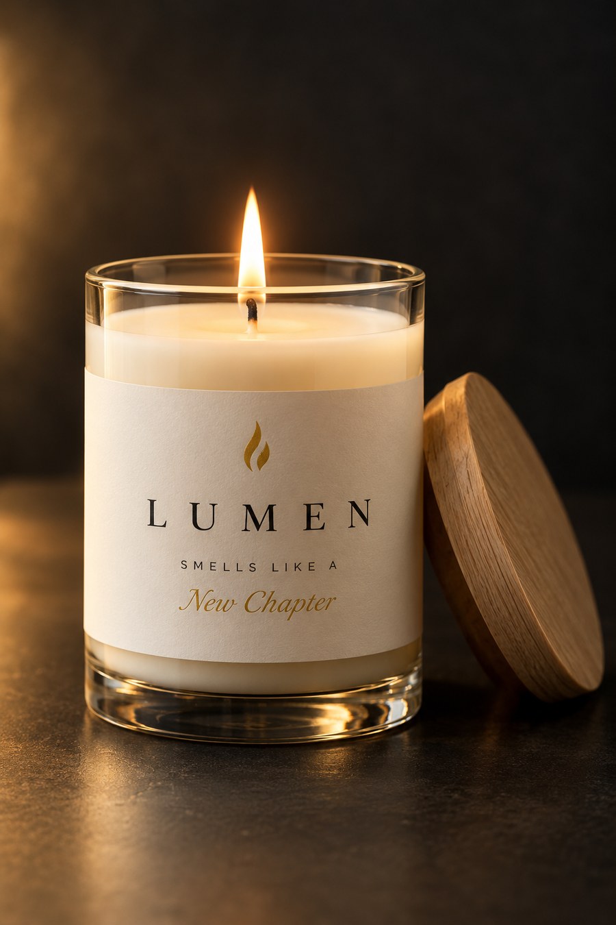 Lumen Gebetskerze: cremefarbene Kerze im Glas mit Papieretikett, daneben der Holzdeckel